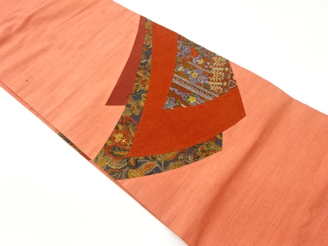 手織り紬相良刺繍切り嵌め麻の葉に花唐草模様名古屋帯